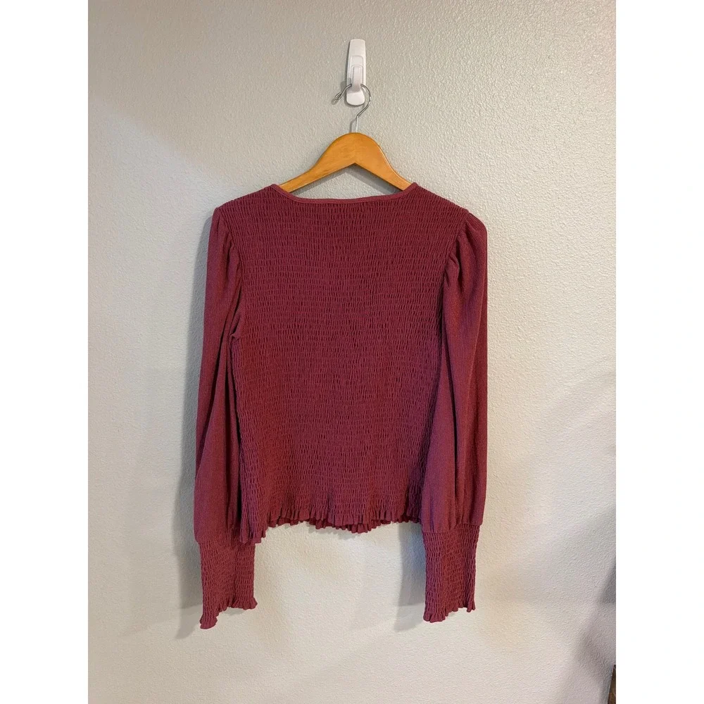 Anthropologie Smocked Blouse Women XL Berry Puff Sleeve Ruffle Top Winter